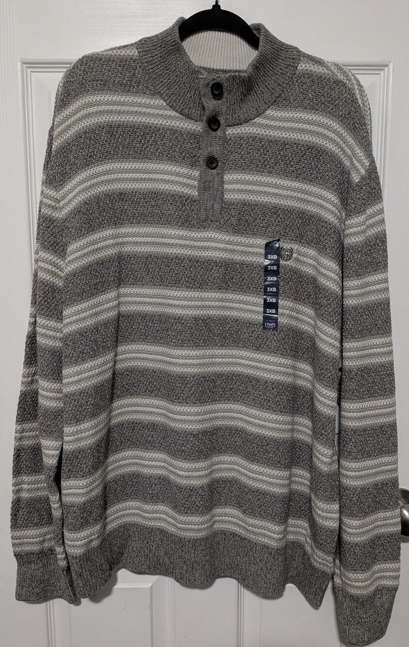 Chaps Big & Tall Mens 3XB Sweater Gray Cream Striped Button Mock Neck NWT